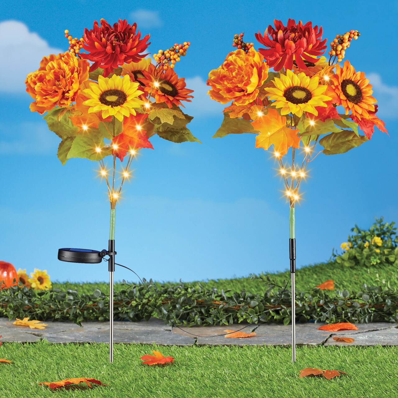 Collections Etc Solar Powered Fall Flowers Garden Stakes - Set of 2
